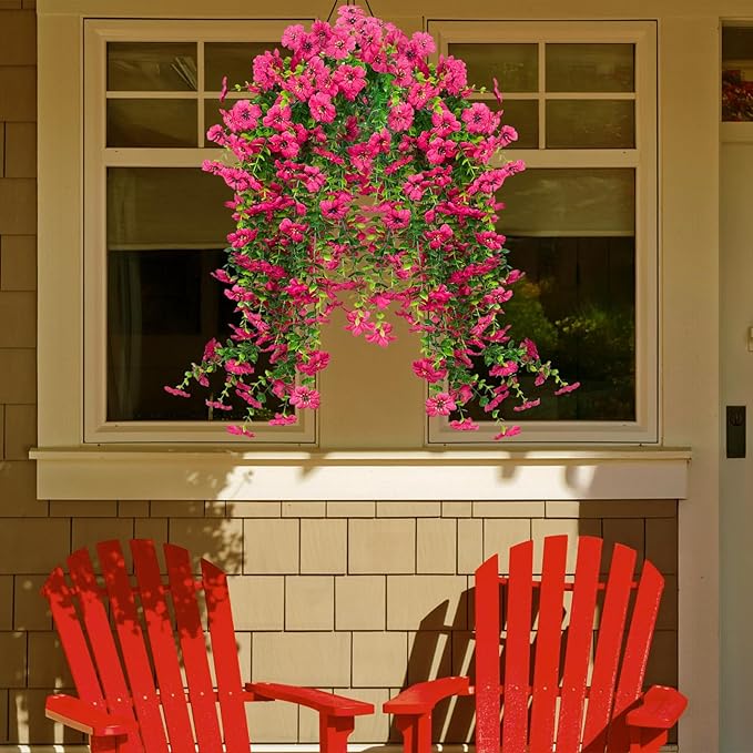 LikSoor 4 Pcs Artificial Outdoor Hanging Plants Spring Summer Decoration UV Resistant Faux Silk Flowers for Outside, Garden, Porch, Window, Home Decor (Rose Red)