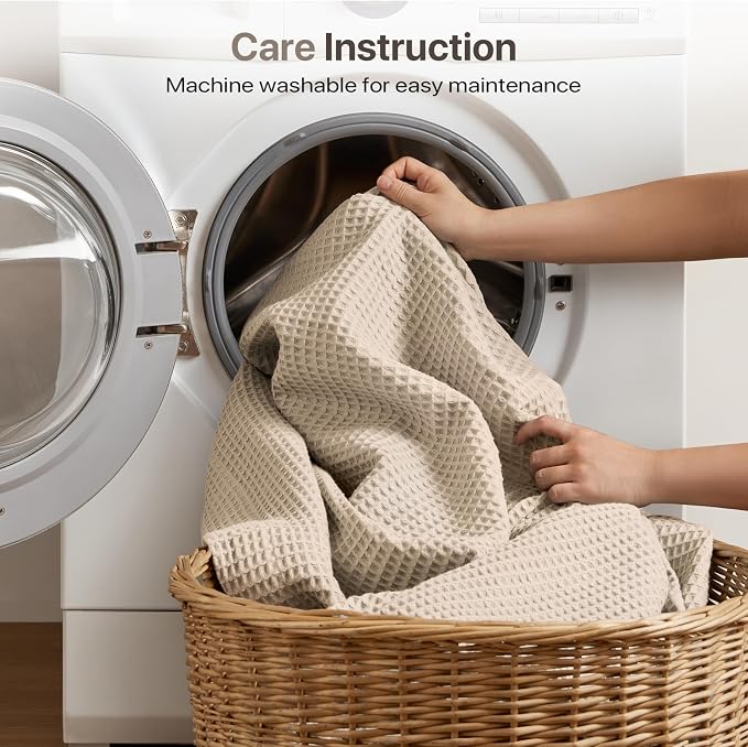 Madison Park 100% Cotton Blanket, Trendy Woven Waffle Weave Design, All Season, Lightweight, Breathable, Soft and Cozy Casual Summer Cover, for Bed, Couch and Sofa, Full/Queen(90 in x 90 in), Khaki