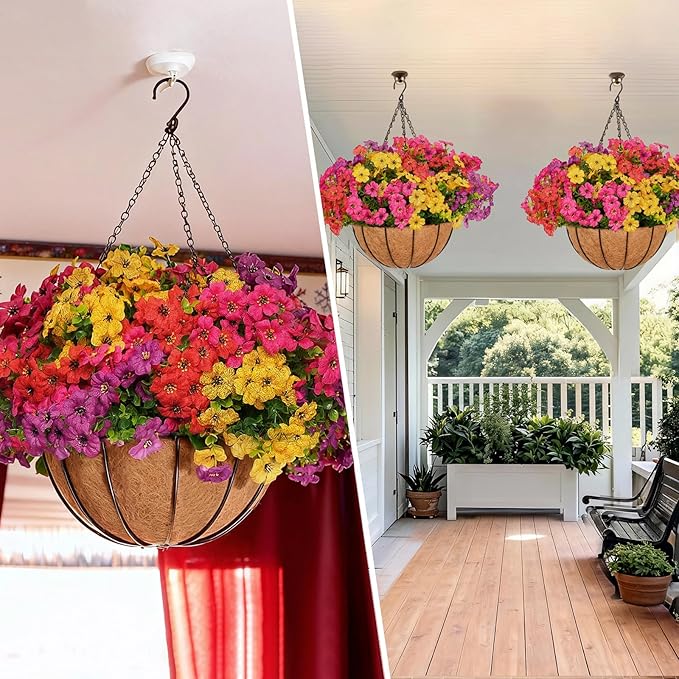 2 Set Artificial Hanging Flowers with Basket for Outdoor Spring Summer Decor - 24 Pcs Realistic UV-Resistant Silk Daisy Hanging Plants for Garden Porch Patio Balcony Yard Home Decoration