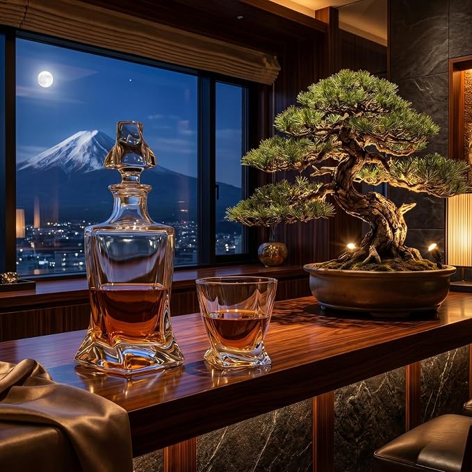 Ember Japanese Crystal Whisky Decanter Set in Wood Storage Box, 4 Tumbler Rocks Glasses & Freezer Chillers - Sake, Scotch, Vodka, Elegant Birthday & Birth Day Barware Gifts, Japan Designed Gifts