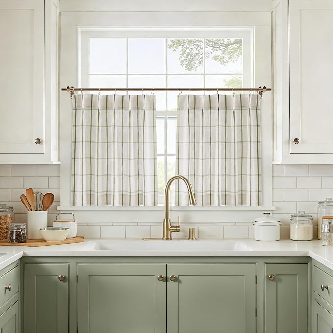 Vision Home Sage Green Plaid Linen Pinch Pleated Tier Curtains 24 inch, Checkered Semi Sheer Kitchen Curtains with Back Tab Hooks, Light Filtering Small Window Panels for Bathroom Laundry, 25"Wx24"Lx2