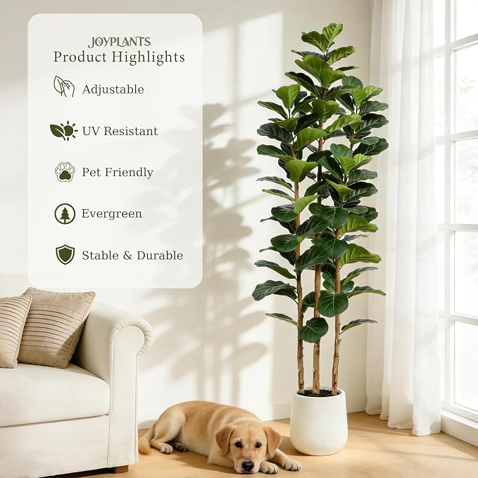 6ft Fake Fiddle Leaf Fig Tree, Realistic Fake Plants with Natural-Looking Trunk, Evergreen Faux Plants Indoor for Home & Office Decor（3 Poles, White Pot）