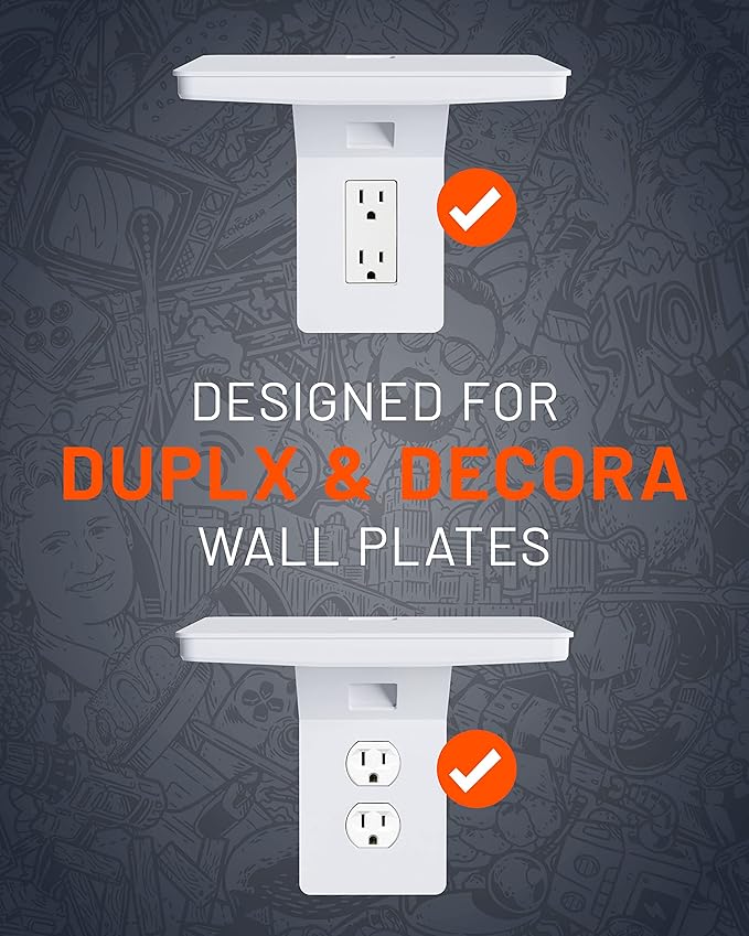 ECHOGEAR Wide Outlet Shelf - Next-Gen Design with Built-in Cord Storage & Room for Bulky Plugs - Works with Both Standard & Decora Outlets - Quick Install with Included Hardware
