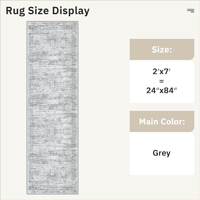 Soalmost Runner Rug 2x7 Washable Non-Slip Hallway Runner Rugs for Kitchen Bathroom Laundry Room Grey Vintage Floor Carpet Runners for Hallways Entryway