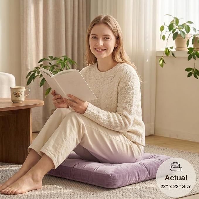 Floor Pillow for Adults, Soft Velvet Floor Cushion for Sitting, Single Square Tufted Floor Pillow for Reading Nook, Living Room, Bedroom, 22 x 22 Inch, Lavender