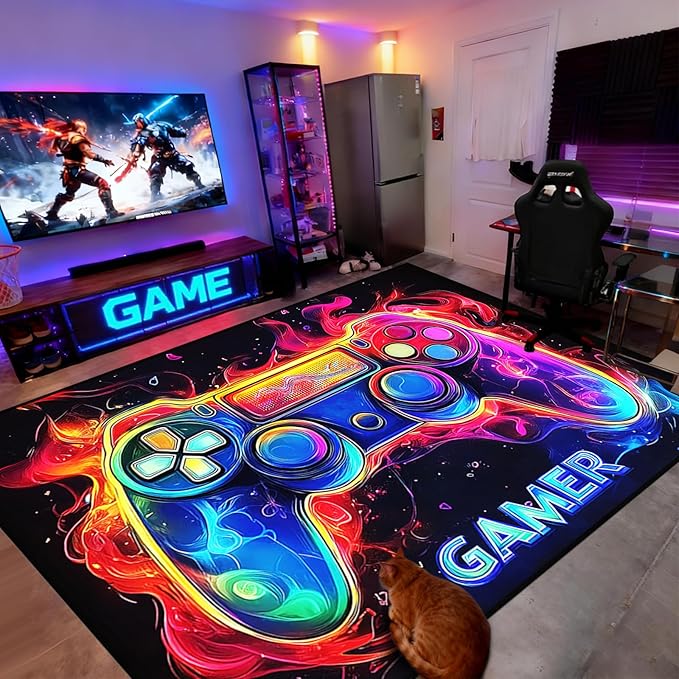 Gaming Area Rug 9×12 for Boys Bedroom - Gaming Carpet Rug for Kids Boys Room Video Games Carpet Gamepad Themed Rugs Kids Room Decor
