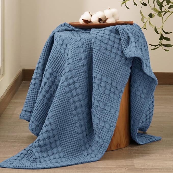 PHF 100% Cotton Waffle Throw Blanket for Couch, Lightweight Breathable and Soft for Summer, Luxury Aesthetic Waffle Weave Blanket for Home Decor & Office, Gifts for Women, 50"x60", Denim Blue