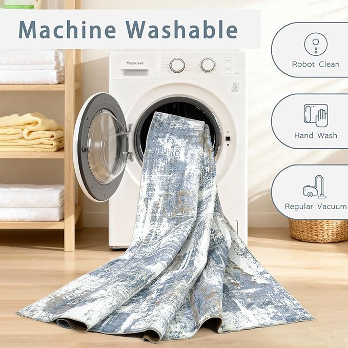Srugn Washable Rugs 8x10 Area Rugs for Living Room,Modern Abstract Rugs for Bedroom,Large Carpets,Ultra Soft Faux Wool Dining Room Rug,Non Slip Low Pile Print Rug- Blue- (White-Reddish Brown)