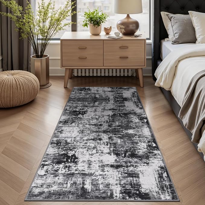 Rugflix 2x6 Runner Rug for Entryway, Kitchen Rugs Soft Non-Slip Washable Runners for Hallway, Abstract Small Carpet with Non-Slip Backing for Bedroom, Living Room, Black Grey