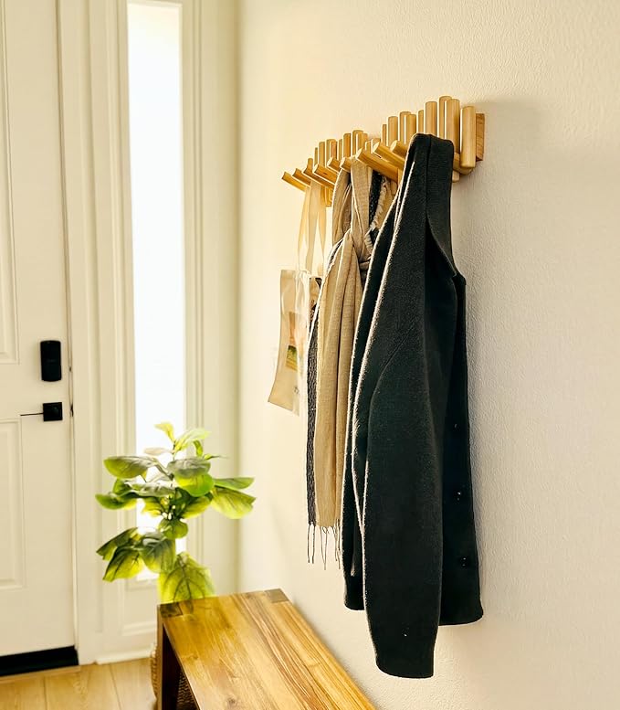 Modern Wooden Wall Mounted Coat Rack, 5-Hooks, Decorative Wall Hooks for Purse, Bags & Hats, Heavy Duty, Sturdy, Natural Pine Wood, Pull Down Hooks, Easy to Install