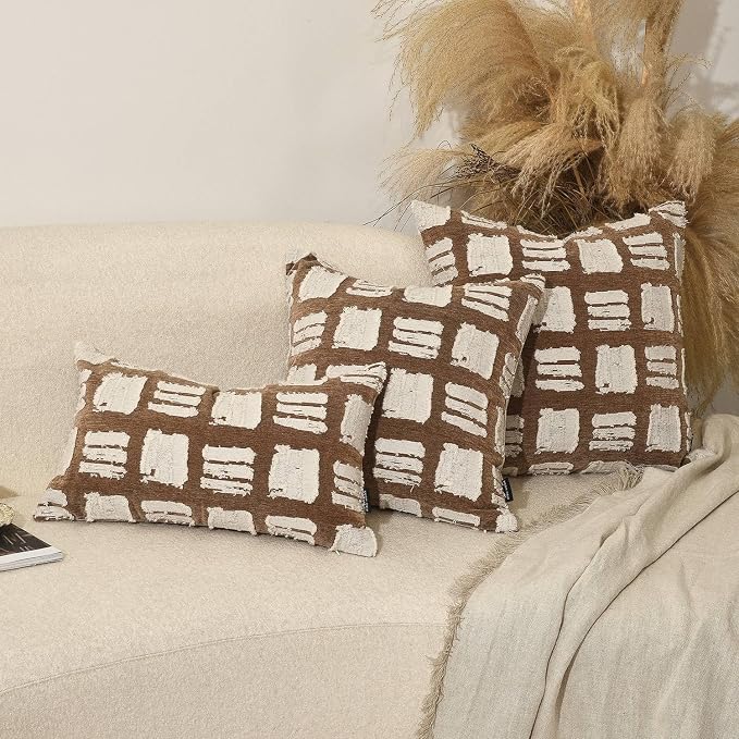 Decorative Boho Body Pillow Cover 14x24, Brown White Abstract Grid Lumbar Pillow Covers, Farmhouse Pillows Cushion Cover for Bed Sofa Bedroom Living Room