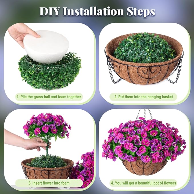 Ammyoo Artificial Hanging Flowers with Basket, Faux Silk Petunias Flower Arrangement, Coconut Lining with Morning Glories Fake Plants Patio Garden Porch Deck Spring Summer Decor(Lotus and Fuchsia)