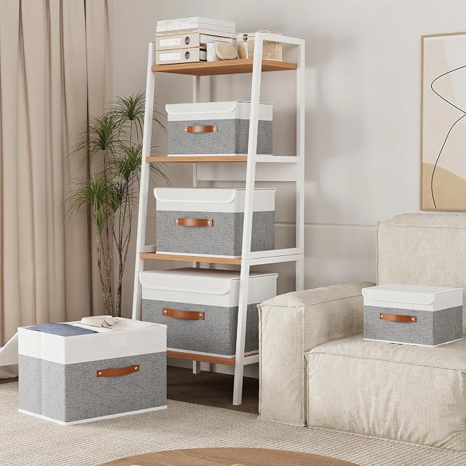 Yawinhe Collapsible Storage Bins, Decorative Storage Basket Boxes with Lids, Cube Closet Organizer Basket with Handles for Home Decor, Storage Containers for Organizing,Grey and White, SNK024WGN-1