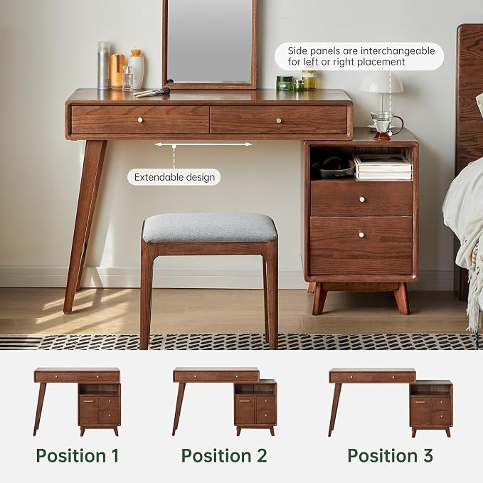 adisun Extendable Vanity Desk with Dresser, 35 to 50 Inch Oak Makeup Table, Storage Writing Desk for Bedroom, Vanity Set for Girls and Women