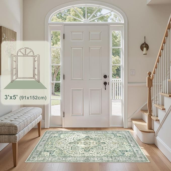 Tortania Area Rug Living Room Rugs - 3x5 Washable Rug Vintage Oriental Distressed Farmhouse Small Thin Indoor Carpet for Living Room Bedroom Under Dining Table Home Office - Green