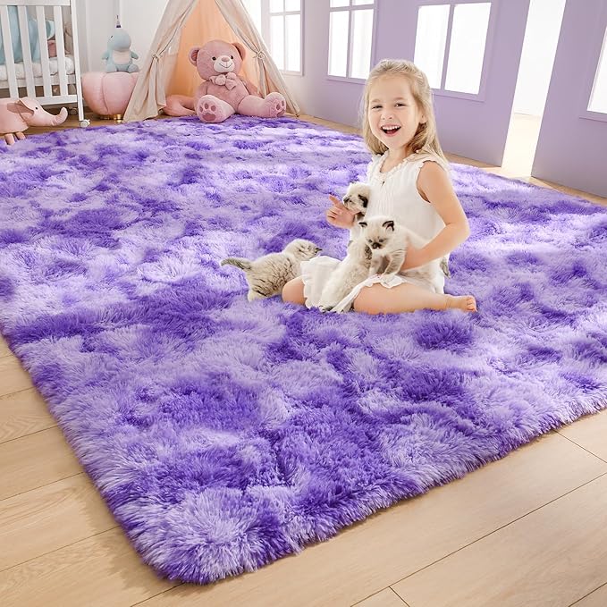 AROGAN Soft Rainbow Area Rugs for Girls Room 6x9 Feet, Fluffy Girls Bedroom Rugs, Princess Rug, Cute Colorful Carpet for Kids Teens Nursery Toddler （Purple）
