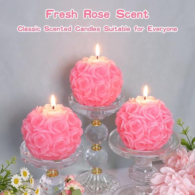 Hand-Poured Rose Pillar Candles Set of 3 (3.54"x3.35"), 150+ Hours Burn Time Dripless, Rose Scented Candles, Smokeless, Mother’s Day & Weddings Decor Candle Lover Gift