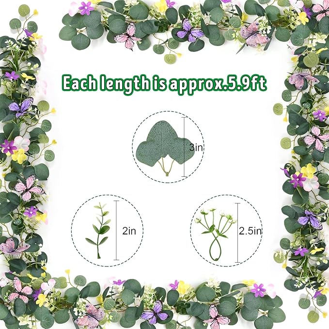 Waipfaru 2Pcs Eucalyptus Garland with Daisy 3D Butterfly, Green Garland with Flowers, 5.9FT Artificial Faux Eucalyptus Leaves Vines for Table Mantle Home Wedding Party Indoor Outdoor Decor
