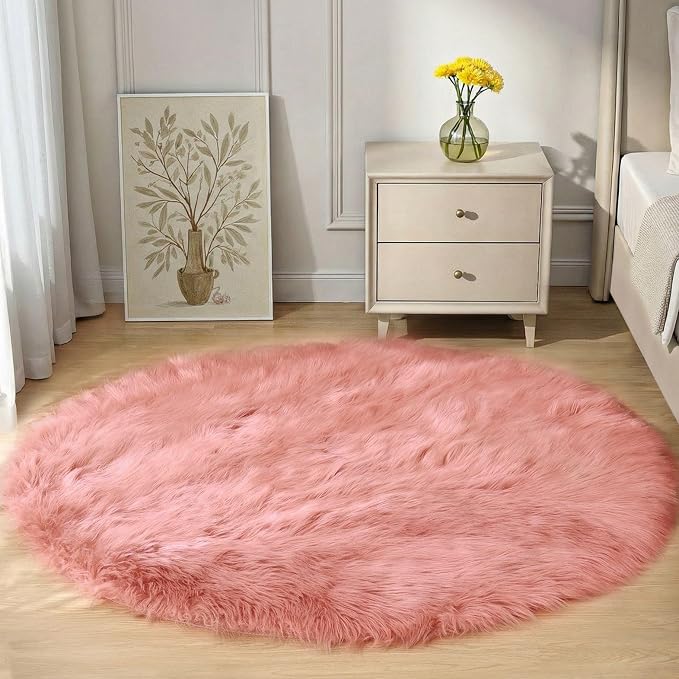 Goolela Pink Circle Rug 4ft for Girls Bedroom Round Fuzzy Fluffy Faux Fur Carpet Living Room Dorm Furry Cute Home Decor