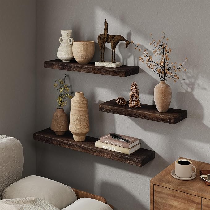Marsmiles 30 inch Floating Shelves for Wall Solid Elm Wood Shelves|Rustic Wall Mounted Shelves with Heavy-Duty Invisible Bracket for Bathroom Living Room Kitchen|Rounded Edge Design|Walnut, 2 Pack