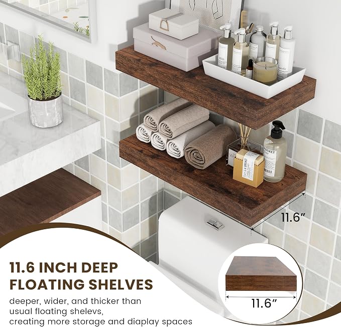 FLYJOE Deep Floating Shelves 24 Inches Long Set of 2 | 12 Inch Deep Shelves for Wall, Rustic Brown Wood Shelves for Bathroom Living Room Laundry Room Kitchen