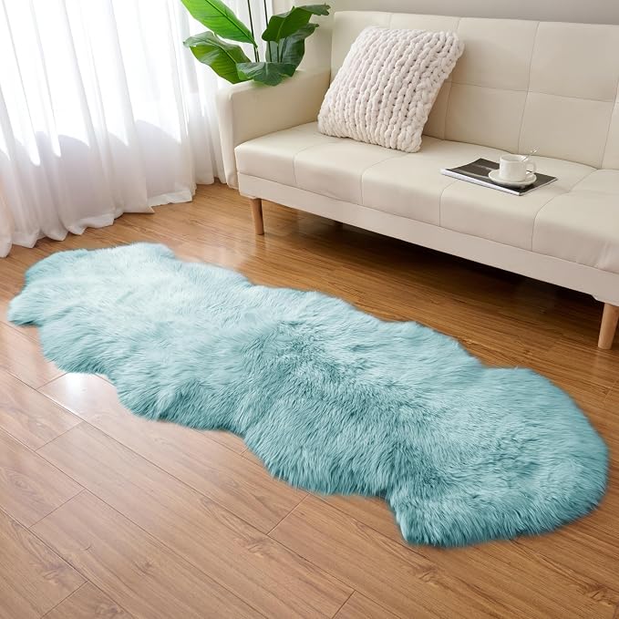 Premium Genuine Sheepskin Area Ruge - Real Wool Fur Shaggy Carpet | Fluffy Soft Natural Lambskin Rug Seat Chair Covers for Couch Sofa Bedroom Living Room(Light Blue,2×6 Feet Sheepskin)