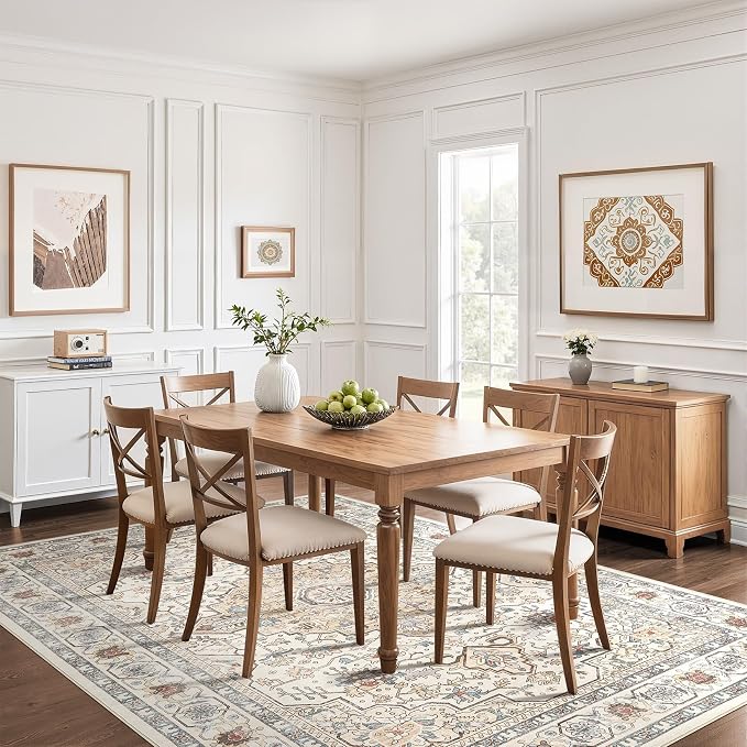 9x12 Area Rug Living Room: Washable Boho Large Neutral Vintage Soft Rugs Stain Resistant Farmhouse Non Slip Indoor Floor Carpet for Bedroom Nursery Kids Playroom Office Dining Room- Cream Blue