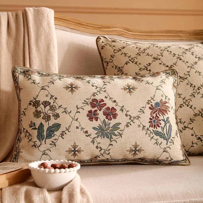 patdrea French Vintage Linen Throw Pillow Cover,12"x20",Set of 2-Audrey A | Decorative Pillow Case with Zipper,Brown Floral Pattern,Pillow Cover for Couch Living Room Bedroom Sofa