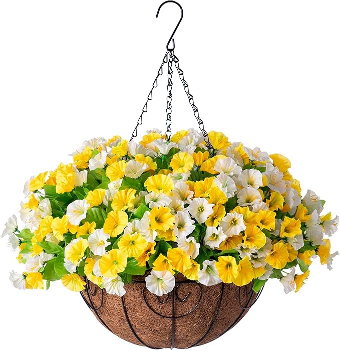 Ammyoo Artificial Hanging Flowers with Basket, Faux Silk Petunias Flower Arrangement, Coconut Lining with Morning Glories Fake Plants Patio Garden Porch Deck Fall Decor(Yellow and White)