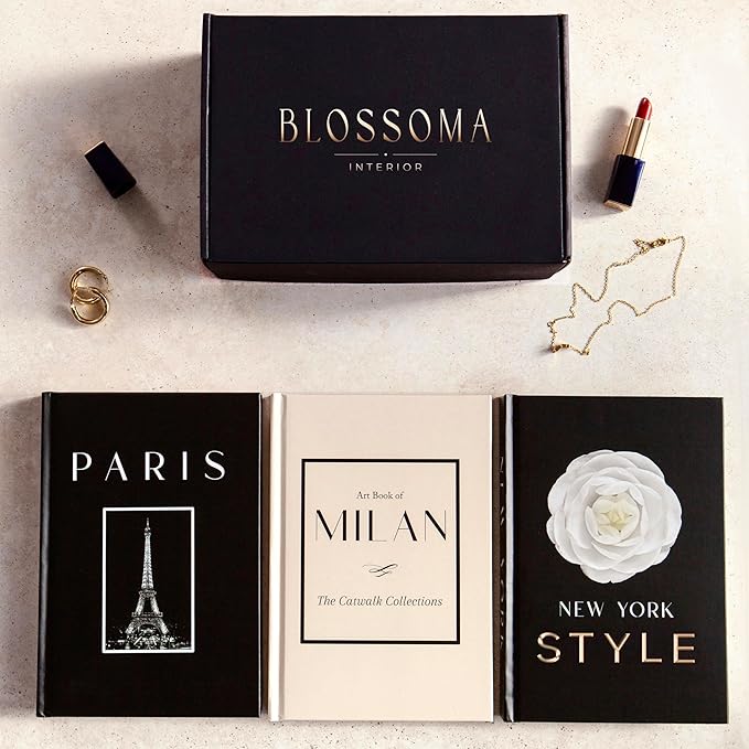 Decorative Books for Home Decor, Small Fake Books for Decoration with Blank Pages – Fashion Designer Coffee Table Book Decor Set of 3, Modern Book Stack Shelf Decor – Hardcover, Black/Cream