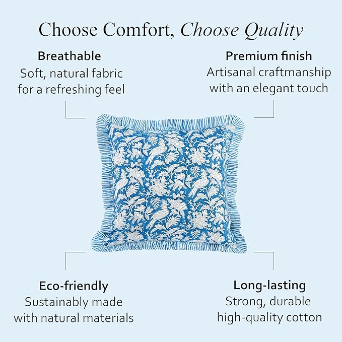 CPC Block Print Ruffle Throw Cover Blue Sapphire 24"x24" Inch Pack of 2-100% Cotton Ruffle Couch Decorative Boho Pillows Case for Living Room, Bedroom, Sofa, Farmhouse Gift for Spring, Mother's Day