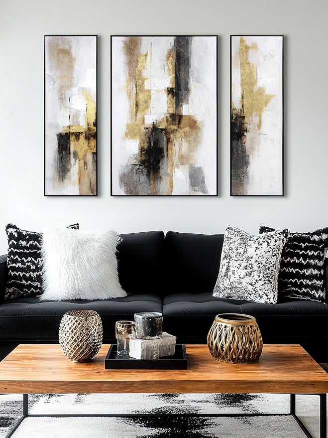 3-Piece Black & Gold Abstract Wall Art - Modern Textured Canvas Prints with Hand-Applied Brush Strokes, Large Wall Decor for Living Room, Bedroom, or Office, 2 x 12 x 36 and 1 x 24 x 36 Inches