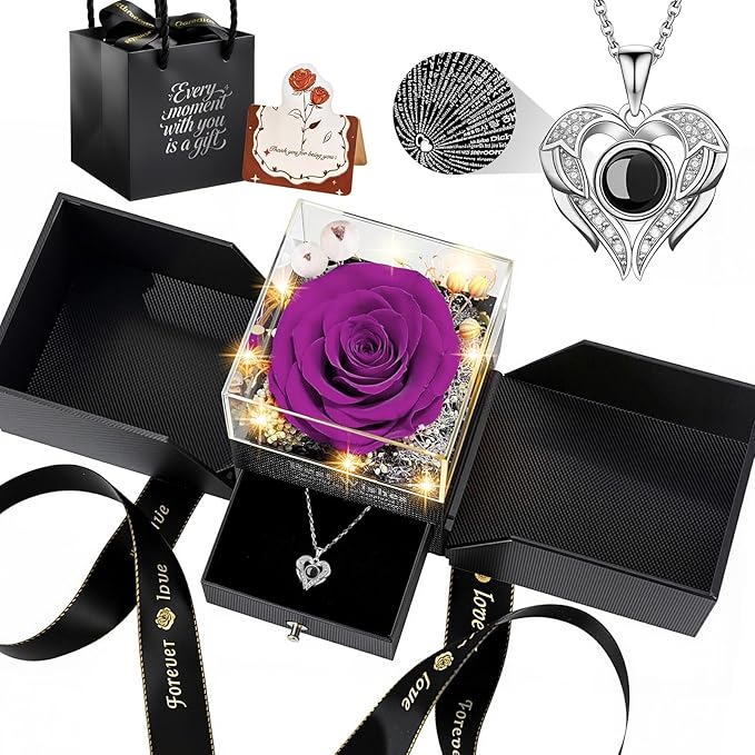 TranquilBliss Gifts for Mom, Preserved Real Purple Rose Gift Box with Heart Necklace,“I Love You” in 100 Languages, I Love You Eternal Flowers Rose Gift Set for Mother's Day, Anniversary