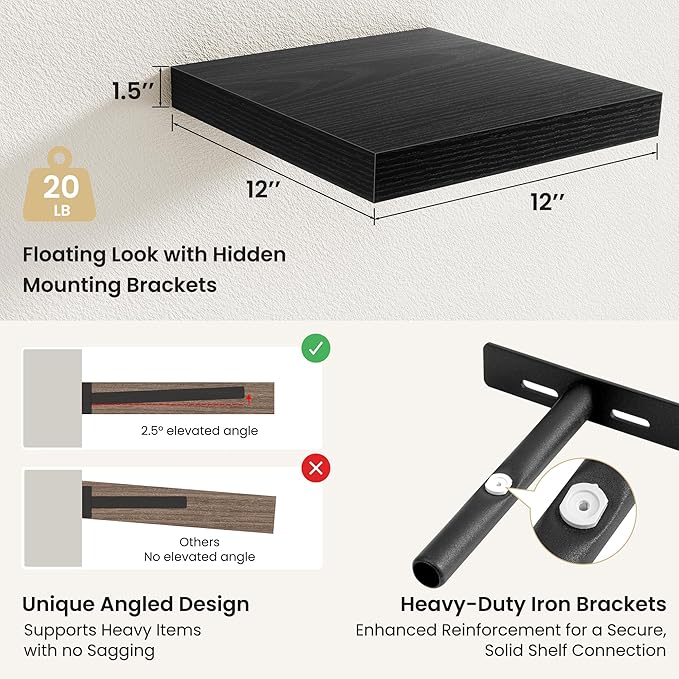 Fun Memories Floating Shelves for Wall, Rustic Wood Wall Mounted Shelves for Bathroom, Bedroom, Living Room & Kitchen, Storage Display Shelves, (Set of 3, Black, 12 in)