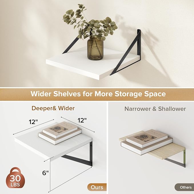 Acovy Deep Floating Shelves Wall Mounted, 12"x12" White Wall Shelves with Brackets Set of 2 for Bedroom, Living Room, Bathroom, Kitchen, Office - Storage & Display Shelf for Decor, Books, Plants