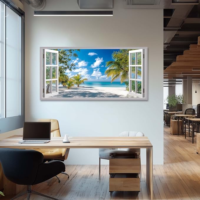 Ggaafet Tropical Beach Window Wall Art for Bedroom Canvas Painting Prints Beautiful Palm Tree Art Deco Modern Artwork Office Family Room Decor