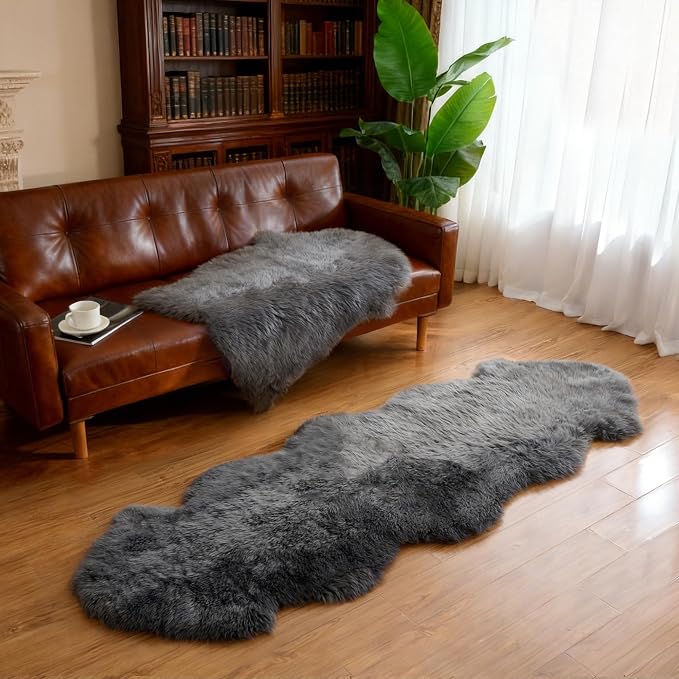 Premium Genuine Sheepskin Area Ruge - Real Wool Fur Shaggy Carpet | Fluffy Soft Natural Lambskin Rug Seat Chair Covers for Couch Sofa Bedroom Living Room(Dark Grey,2×3 Feet Sheepskin)
