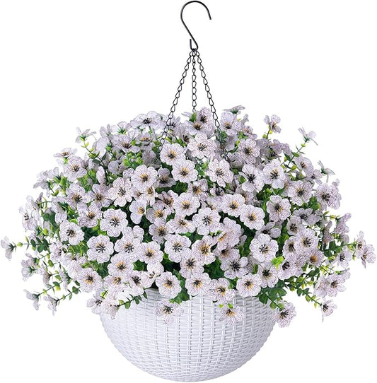 HyeFlora Artificial Fake Hanging White Flowers Plants Basket for Outdoor Outside Fall Winter, Faux Silk Daisy UV Resistant Look Real for Christmas Porch Patio Balcony Home Yard Decoration