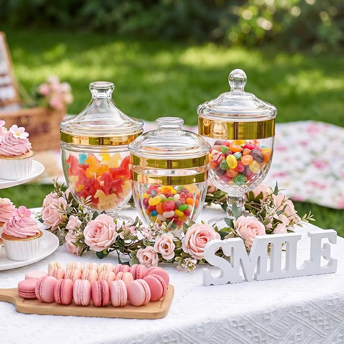 3 Pcs Apothecary Jar with Lid Decorative Crystal Candy Jar for Candy Buffet Bathroom Storage Canisters Wedding Organization Canisters for Home