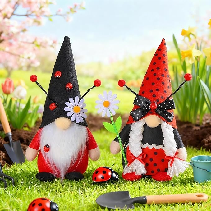 Eimilaly Daisy Ladybug Gnome Decorations for Home, Tomte Gnomes Decor Set for Holiday Ornaments or Other Theme Party Gnome Decor - 2PCS