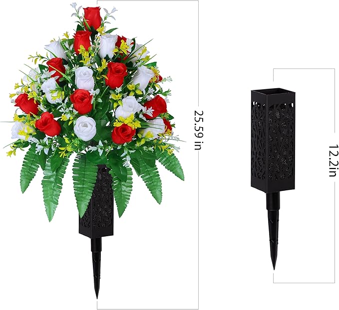 LVXINLI Artificial Cemetery Flowers, Gravesite Decoration Roses, Memorial Bouquets with Cemetery Vase, Vibrant and Long-Lasting Colors (Red + White, 2 Bundles)