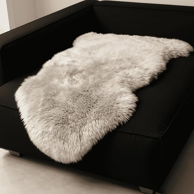 Fluffy Patchwork Sheepskin Rug with Little Patches, Fuzzy Shaggy Fur Genuine Wool Area Carpet for Bedroom Living Room Floor, Pray Pup Mat, Chair Sofa Seat Cover, Cream Brown, 2' x 3'
