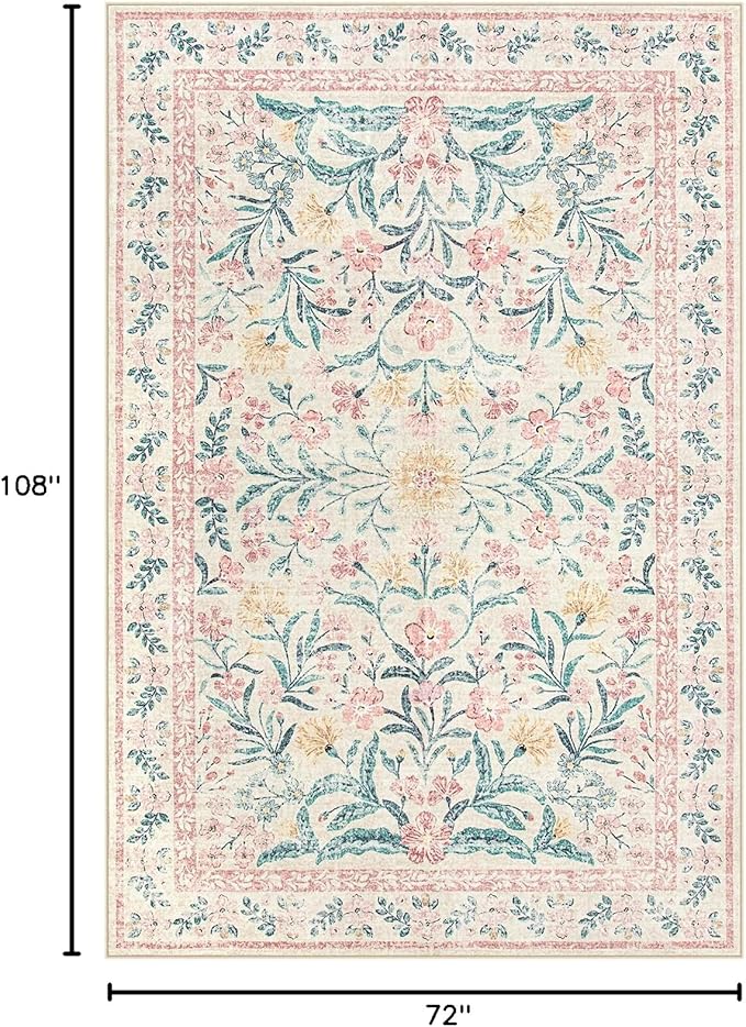 Wonnitar Washable Area Rug 6x9, Pink Floral Rugs for Bedroom Girls Soft Living Room Carpet Ultra-Thin, Boho Non Slip Non-Shedding Pastel Nursery Carpet for Kids Room Playroom Dorm