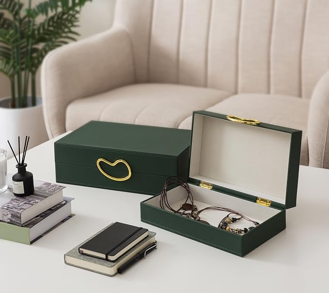 Soul & Lane Faux Leather Decorative Boxes with Lids for Home Decor, Set of 2 Stacking Hinged Boxes for Coffee Table and Living Room Shelves, Nesting Remote Control Holder, Forest Green