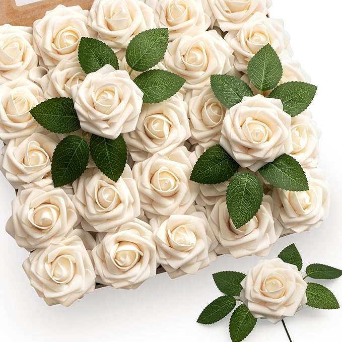 Mocoosy 50Pcs Rose Artificial Flowers, Cream White Fake Roses for Decoration, Real Touch Beige Foam Rose Bulk with Stem DIY Wedding Bouquet Bridal Shower Mother's Day Floral Arrangement Table Decor