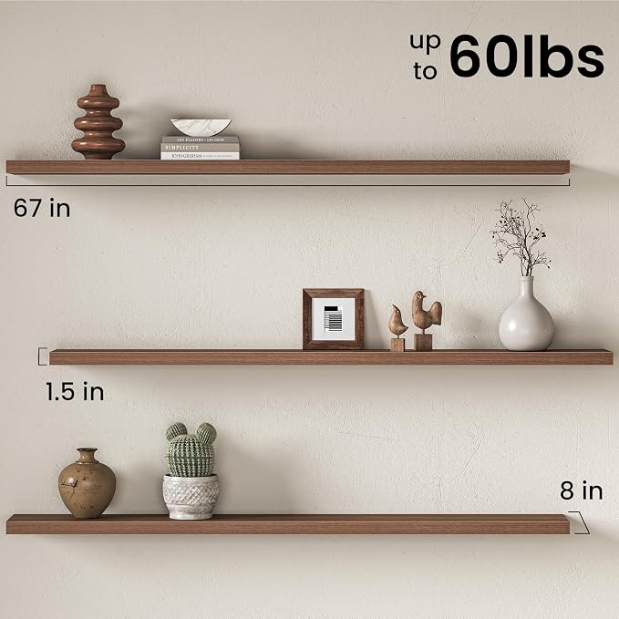 Fun Memories 67Inch Long Floating Shelves, 8 Inch Deep Shelves for Bedroom|Living Room, Wall Mounted Wood Hanging Shelf with Invisible Brackets for Fireplace Mantel Home Storage Decor, Walnut - 2 Pack