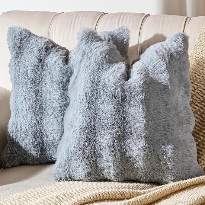 AmHoo Pack of 2 Throw Pillow Covers 3D Dense Faux Rabbit Fur Cozy Super Soft Fuzzy Set Case Cushion for Couch Sofa Bedroom 20 x 20-Inch Light Grey