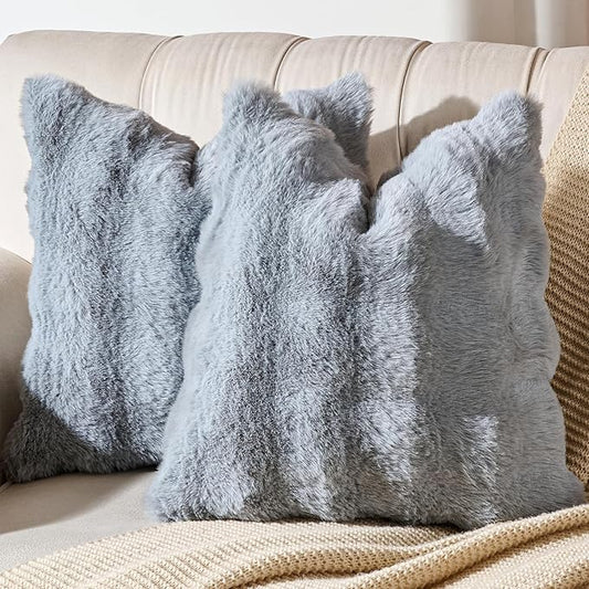 AmHoo Pack of 2 Throw Pillow Covers 3D Dense Faux Rabbit Fur Cozy Super Soft Fuzzy Set Case Cushion for Couch Sofa Bedroom 20 x 20-Inch Light Grey