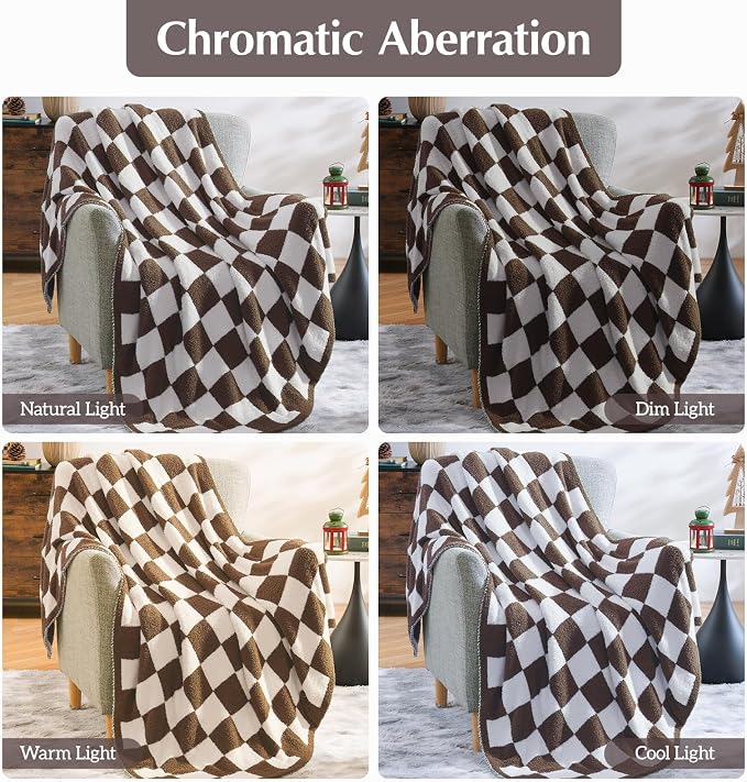 WRENSONGE Soft Twin Size Checkered Blanket for Bed-Cozy Knitted Blankets | Lightweight Fluffy Warm Decor for Women, Mom, Her & Girls, Sofa, Chair, Couch, 60x80in,Coffee