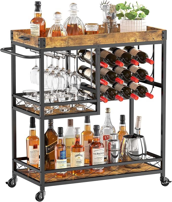 Lifewit Bar Cart, Home Bar Serving Cart, 3 Tier Drink Cart with 12 Wine Bottle Racks, Liquor Beverage Cart for Kitchen Dining Livingroom, 30 x 15.7 x 36.6 inch, Removable Top Tray, Rustic Brown